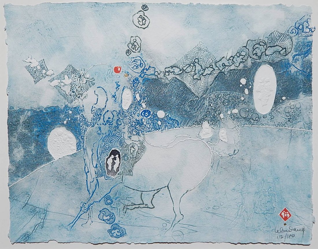 Lebadang etching: Lebadang (Vietnamese 1922- )- Untitled- etching in colors, signed and numbered 112/180 in pencil, good condition. 20 x 25 1/2''