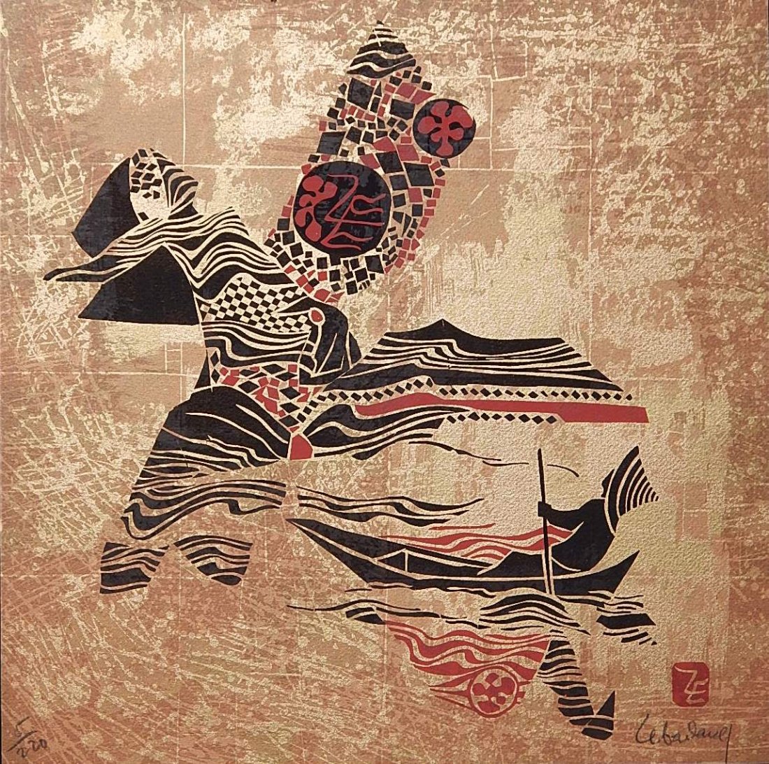 Lebadang silkscreen: Lebadang (Vietnamese 1922- )- Man Rowing- silkscreen in colors, signed and numbered 5/220 in pencil, good condition. 14 1/4 x 14 1/2''