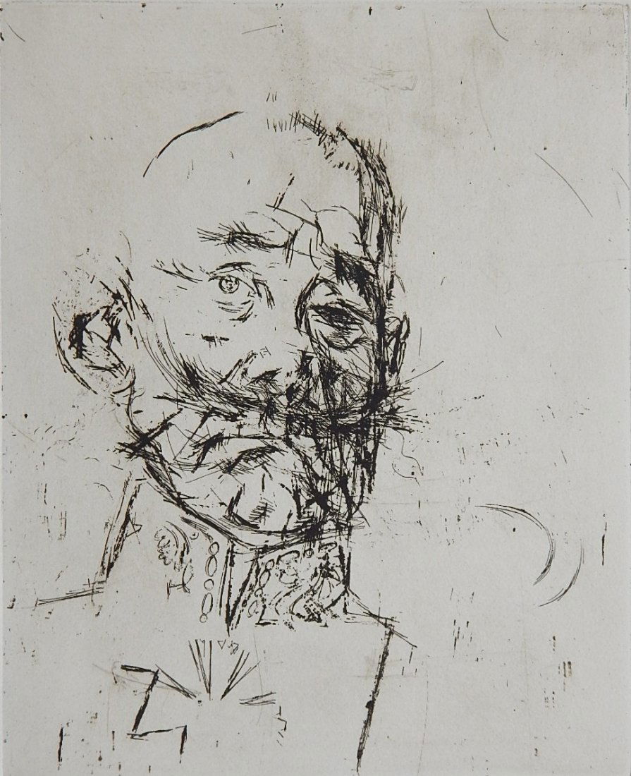 Jack Levine etching: Jack Levine (American 1915-2010)- ''Prussian General'' (Prescott 38A)- etching, 1966, signed and inscribed 'Artist's Proof' in pencil, mat burned, otherwise good condition. 9 3/4 x 7 7/8''