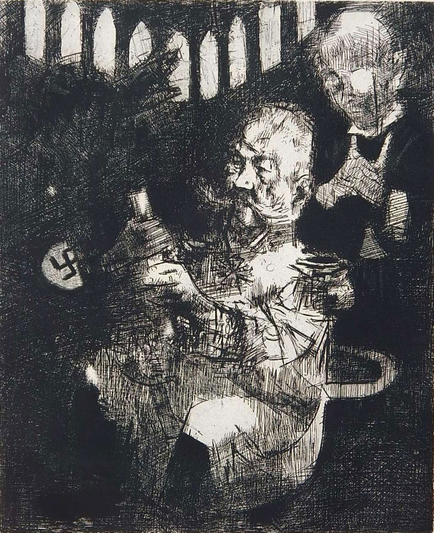 Jack Levine etching: Jack Levine (American 1915-2010)- ''The End of The Weimar Republic'' (Prescott 44)- etching, signed and numbered 1/100 in pencil, mat burn and light struck, otherwise good condition. 17 3/4 x 14 1/2''