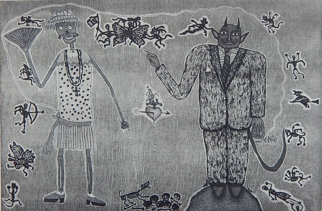Carlomagno Pedro etching: Carlomagno Pedro (Mexican 1965- )- ''Diablo Oaxaco Busca Catrina''- etching, 1994, signed, dated, titled and numbered 18/30 in pencil. 12 3/4 x 19 1/2''