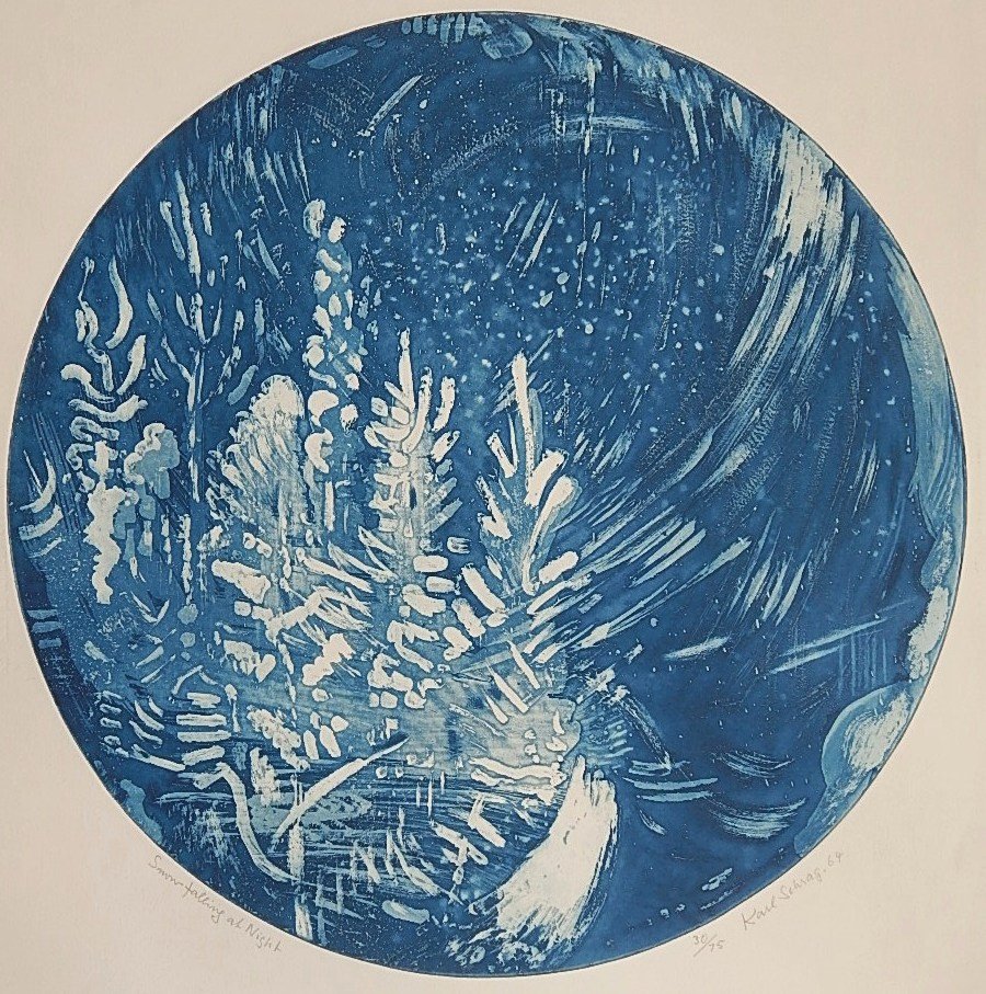 Karl Schrag aquatint: Karl Schrag (American 1912-1995)- ''Snow Falling at Night'' (Syracuse 130)- aquatint in colors, 1964, signed, titled, dated and numbered 30/74 in pencil, very good condition. 19 1/2'' dia.