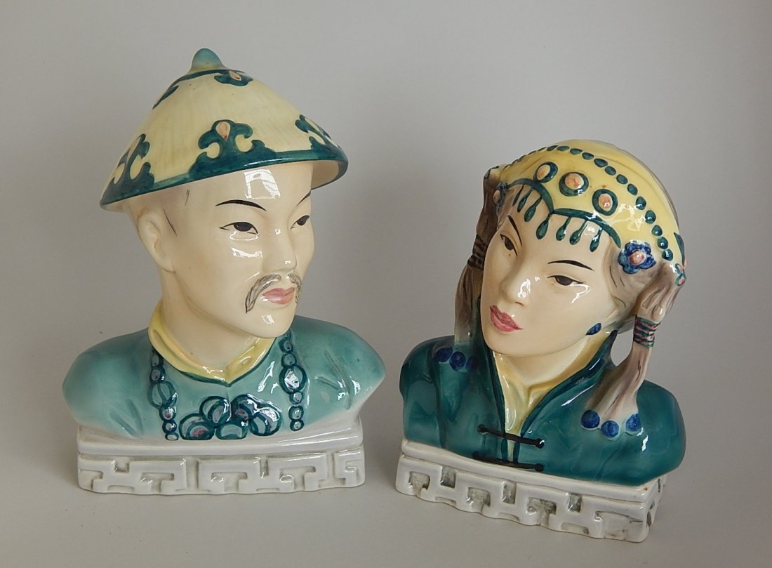Goldcrest 'Mongolhead' porcelain busts: Pair of Goldcrest 'Mongolhead' porcelain busts, Man and Woman, both marked, very good condition. 7''; 6''