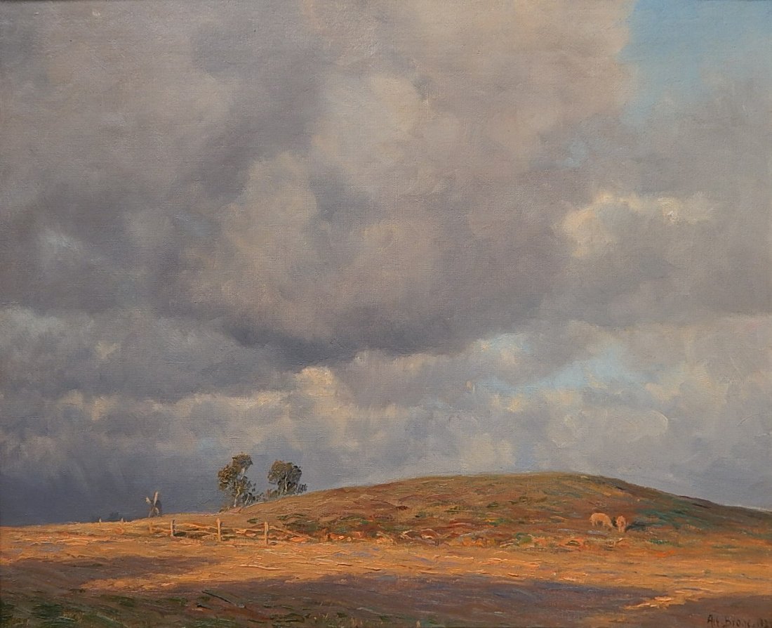 Alfred Broge oil: Alfred Broge (Danish 1870-1955)- ''Coming Storm''- oil on canvas, 1927, signed Alf. Borge, 1927 lower right, very good condition. 18 x 21 3/4''