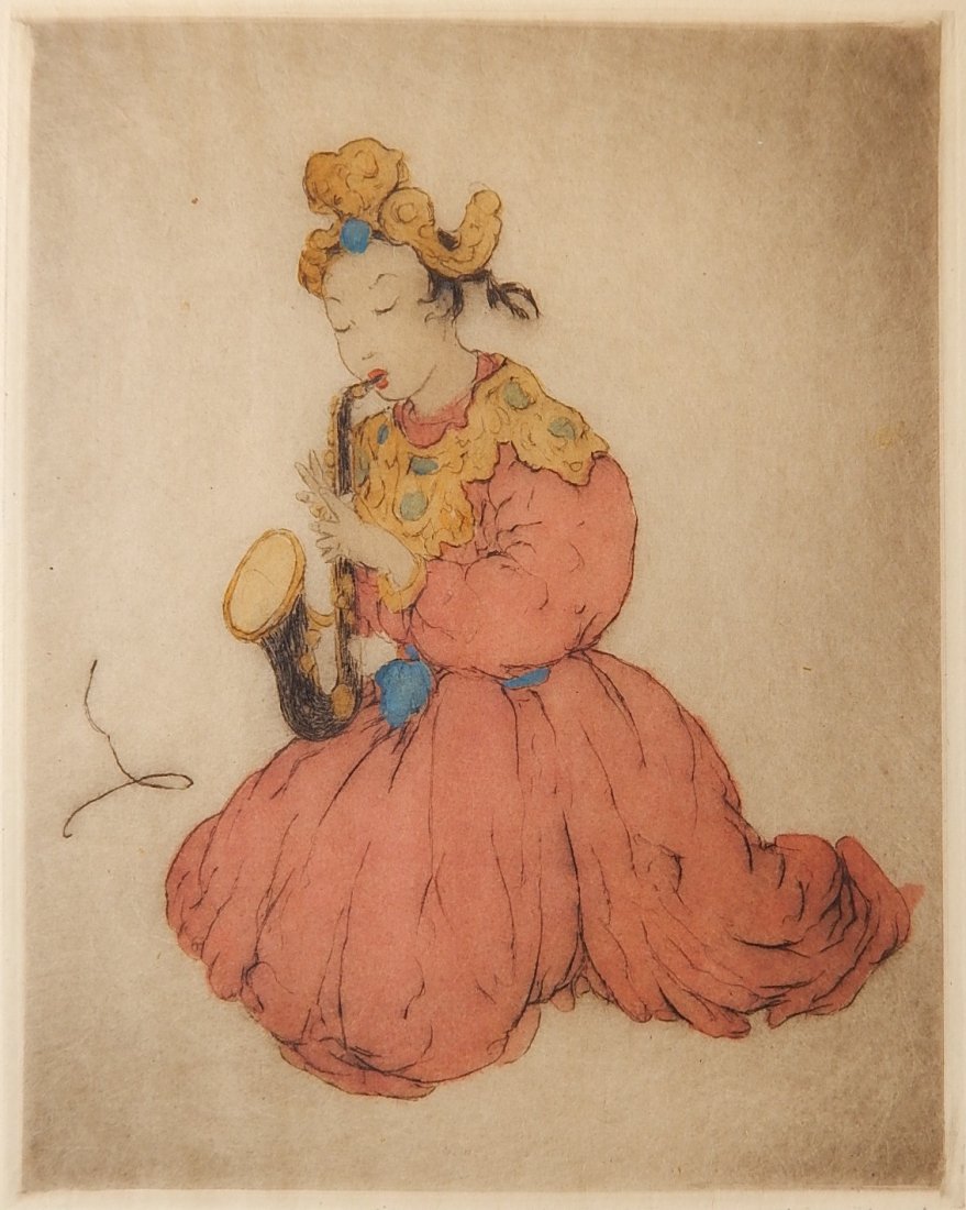 Elyse Ashe Lord etching in colors: Elyse Ashe Lord (British 1900-1971)- ''Girl with Saxophone''- etching in colors, signed and numbered 35/75 in pencil, good condition. 9 3/8 x 7 3/8''