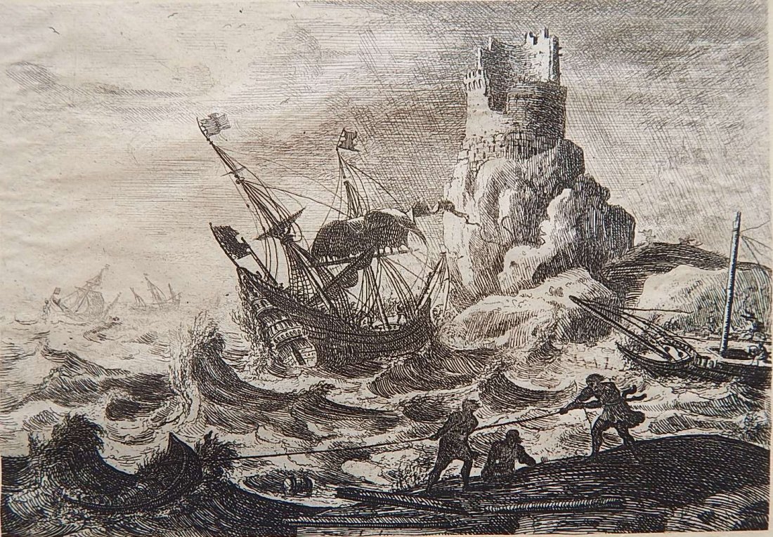 Claude Le Lorrain etching: Claude le Lorrain (French ca. 1600-1682)- ''Le Naufrage''- etching, trimmed and laid down. 4 3/4 x 6 7/8''