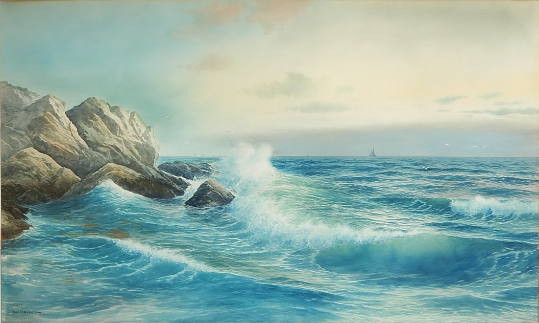 George H. Gay watercolor: George Howell Gay (American 1858-1931)- Seascape- watercolor on paper, signed Geo. H. Gay lower left, slightly light struck otherwise very good condition. 24 x 40''