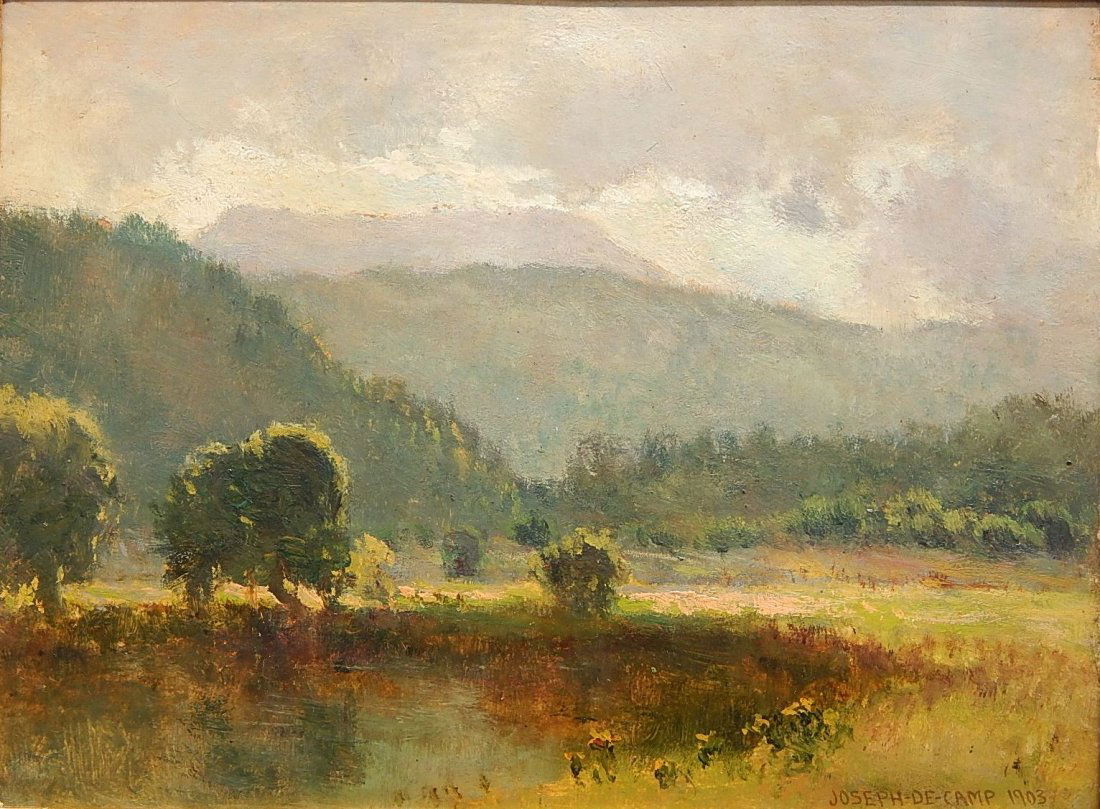 Joseph De Camp oil: Joseph De Camp (American 1858-1923)- Landscape with Mountains in the Distance- oil on panel, 1903, signed Joseph De Camp 1903 lower right. 9 x 11 1/2''