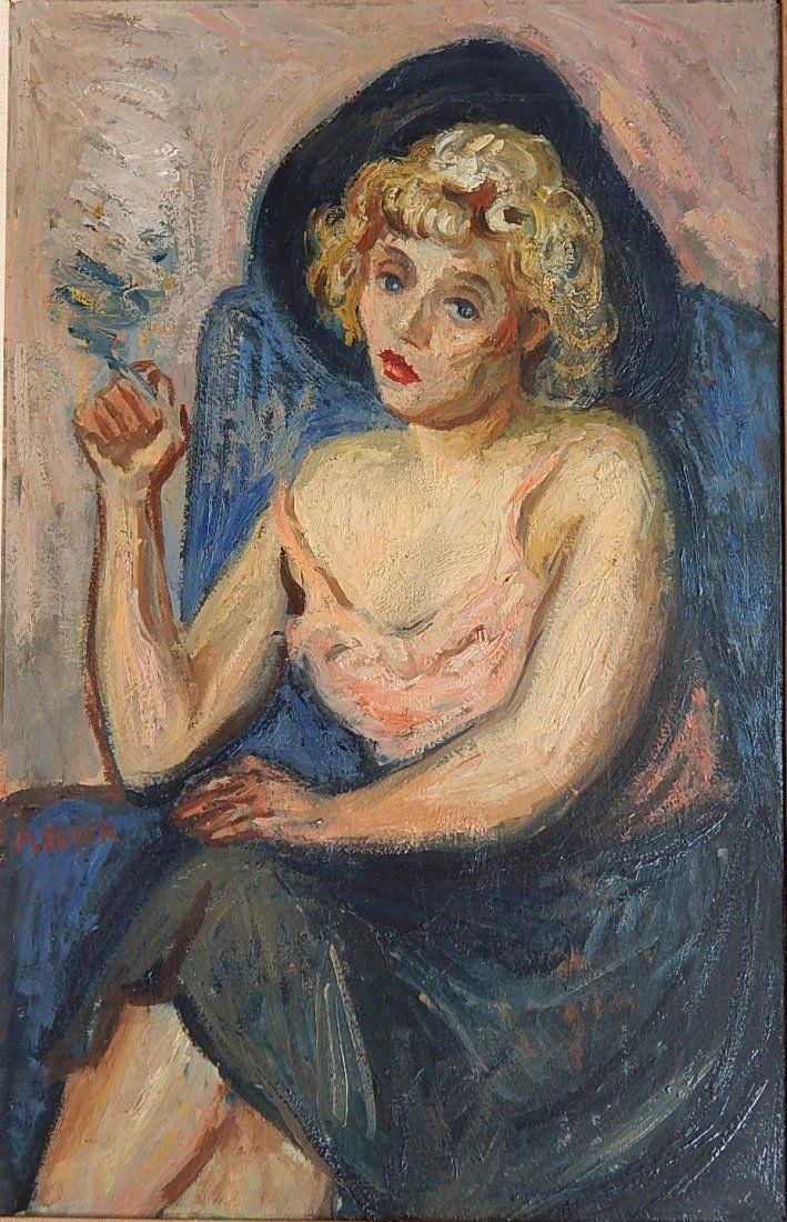 Moses Soyer oil: Moses Soyer (American 1899-1974)- ''Woman in Pink Slip''- oil on masonite, signed M. Soyer lower left, very good condition. 23 x 15 Provenance: ACA Galleries, New York