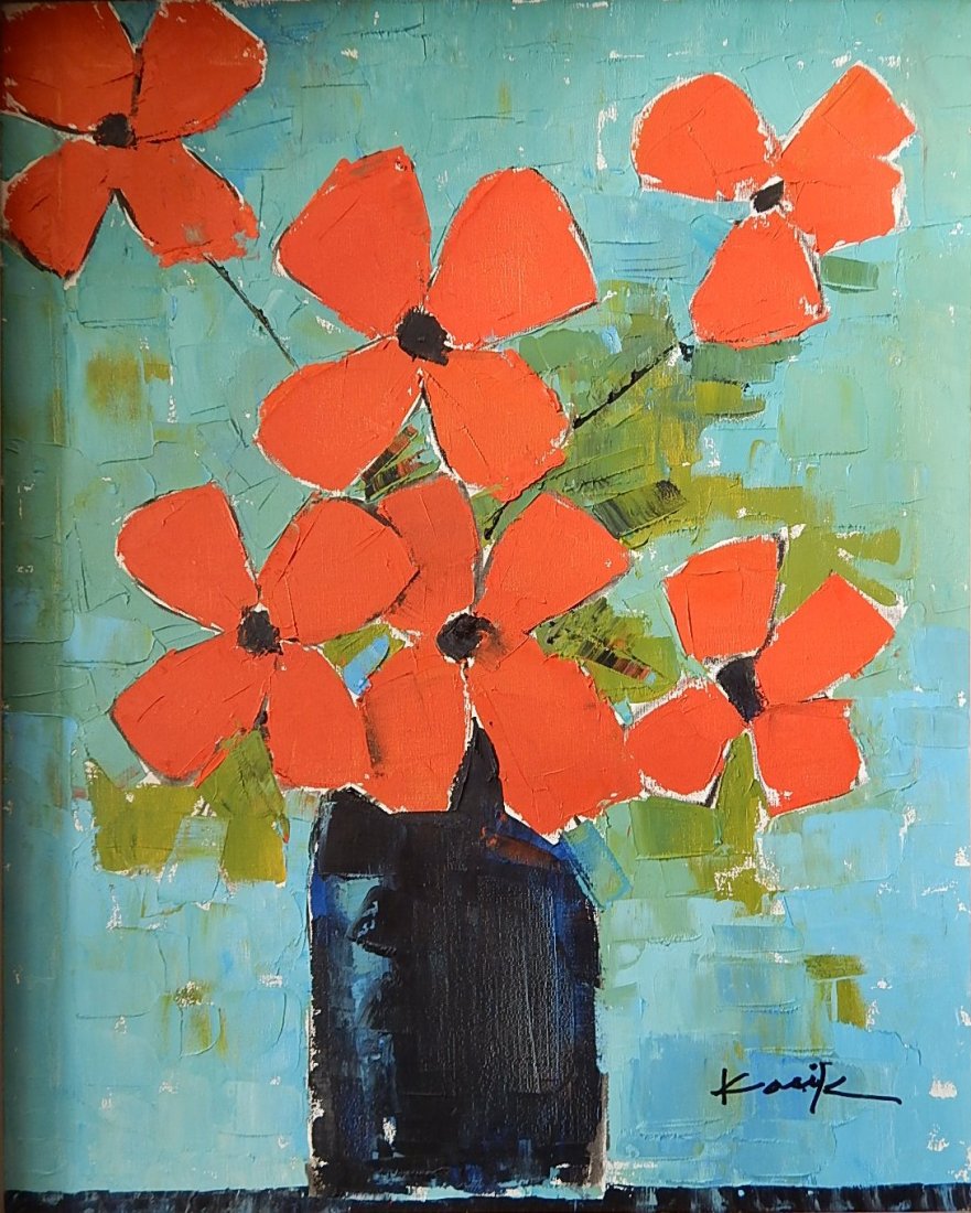 Clifford Kasik oil: Clifford Kasik (American 1918-2010)- ''Red Flowers and Black Vase''- oil on canvas, signed Kasik lower right. 30 1/2 x 24''