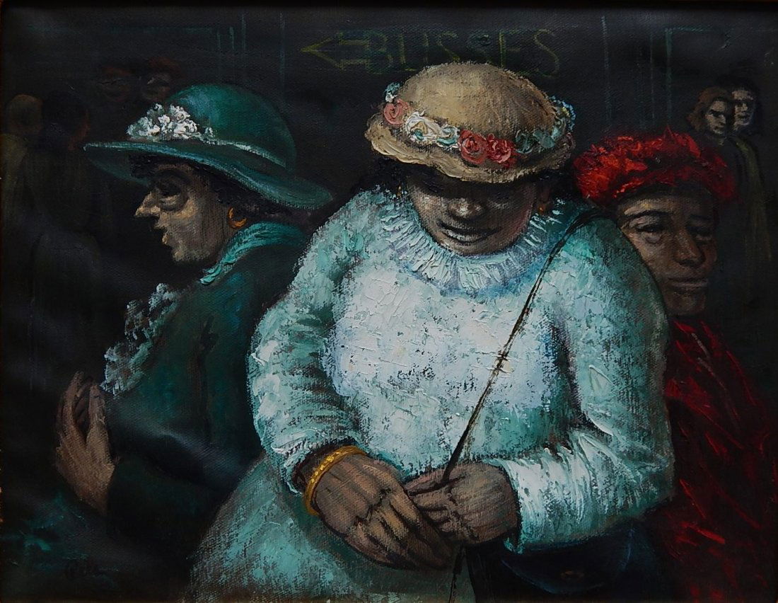 Albert Pels oil: Albert Pels (American 1910-1998)- Woman on Train- oil on panel, signed Pels lower left, very good condition. 14 x 18''