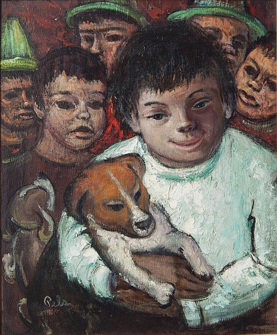 Albert Pels oil: Albert Pels (American 1910-1998)- Children with Puppy- oil on maSonite, signed Pels lower left, very good condition. 15 1/2 x 13''