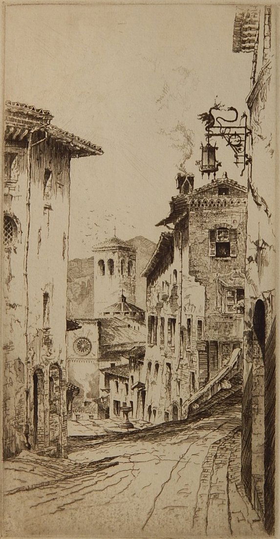 John Taylor Arms etching: John Taylor Arms (American 1887-1953)- ''An Umbrian Street'' (Fletcher 168)- etching, 1925, proof prior to the edition of 150 on laid paper, annotated 'Guide' in pencil, very good condition. 10 1/4 x