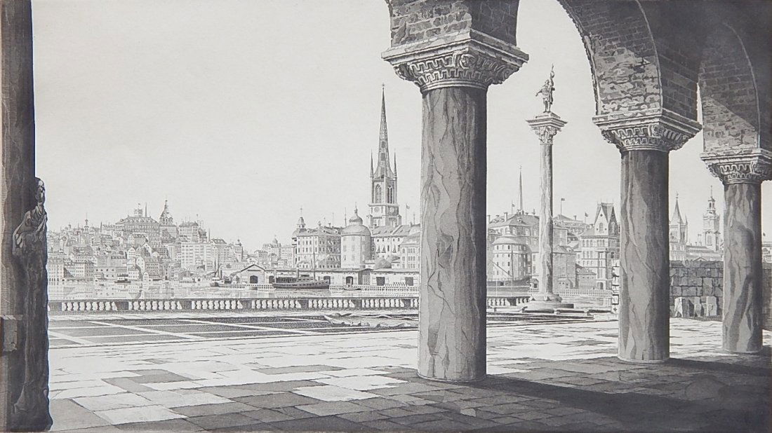 John Taylor Arms etching: John Taylor Arms (American 1887-1953)- ''Stockholm'' (Fletcher 346)- etching and aquatint, 1940, signed and dated in pencil, slightly light struck otherwise good condition. 7 5/8 x 13 1/2''