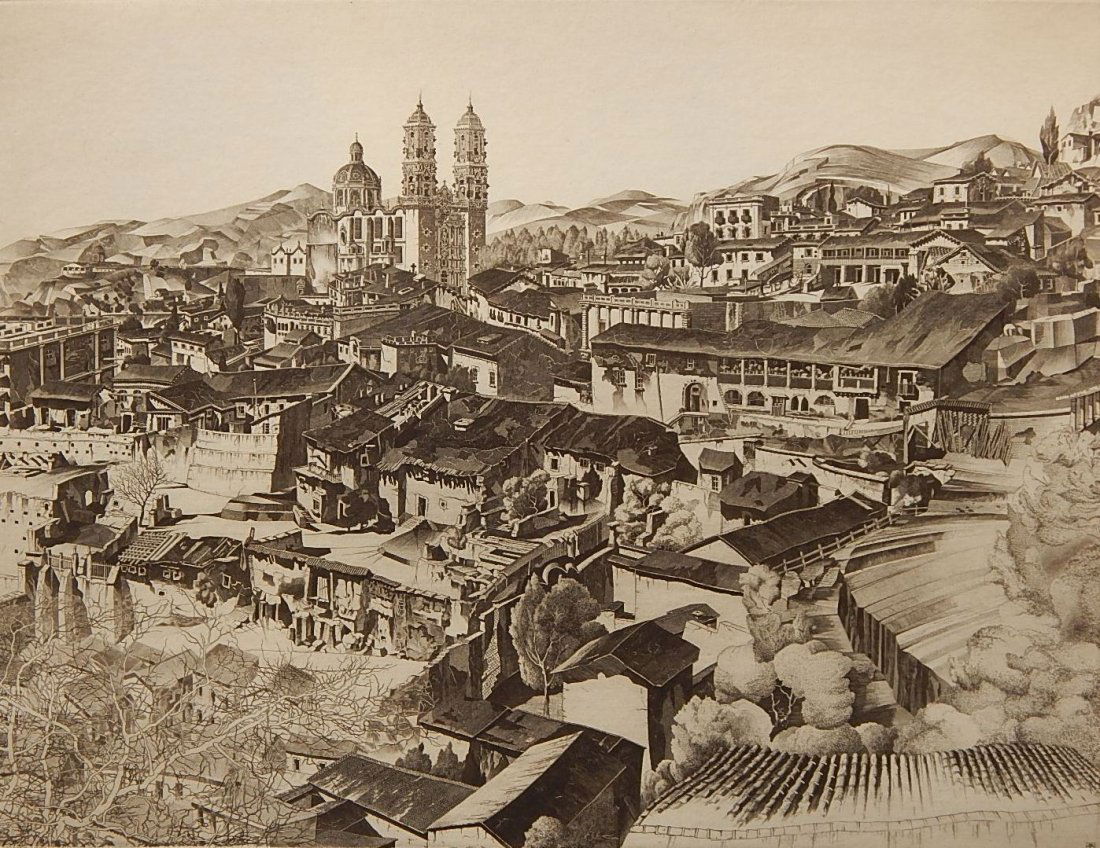 John Taylor Arms etching: John Taylor Arms (American 1887-1953)- ''Light and Shade, Taxco'' (Fletcher 394)- etching, 1946, signed and dated in pencil, total edition of 279, Mexican Series #2, very good condition. 10 1/2 x 13 3