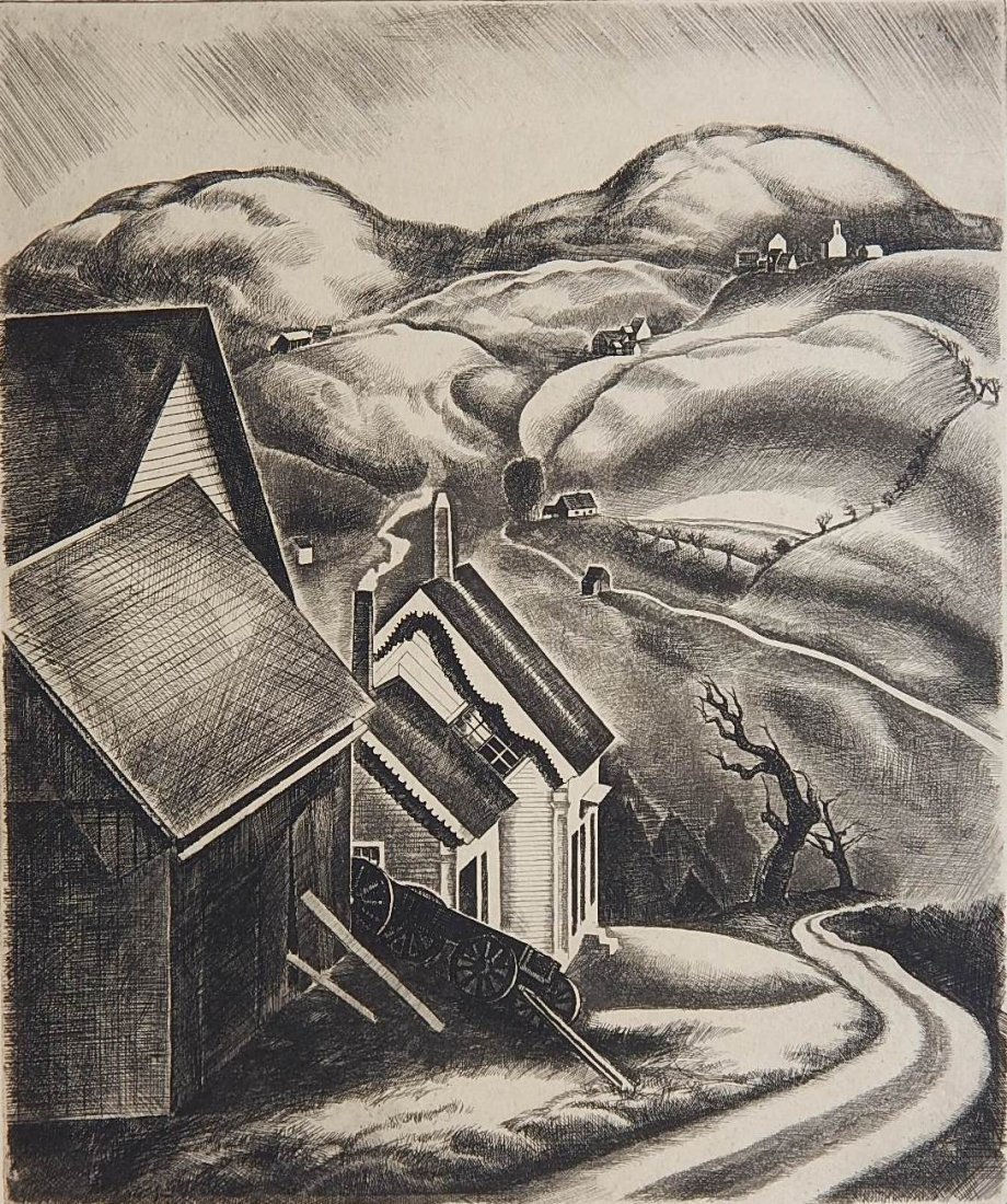 Howard Cook etching: Howard Cook (American 1901-1980)- ''New England Valley'' (Duffy 88)- etching, 1938, signed and titled in pencil, intended edition of 50 (35 printed), very good condition. 11 7/8 x 10''