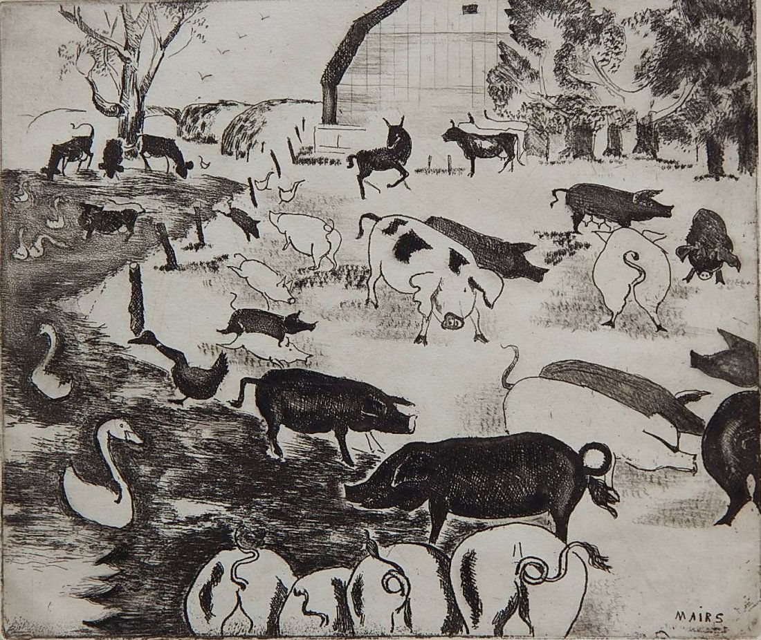 Clara Mairs drypoint: Clara Mairs (American 1879-1963)- ''Pig Farm''- drypoint, ca. 1930, signed, titled and numbered 10/10 in pencil, very good condition. 8 3/8 x 9 7/8''