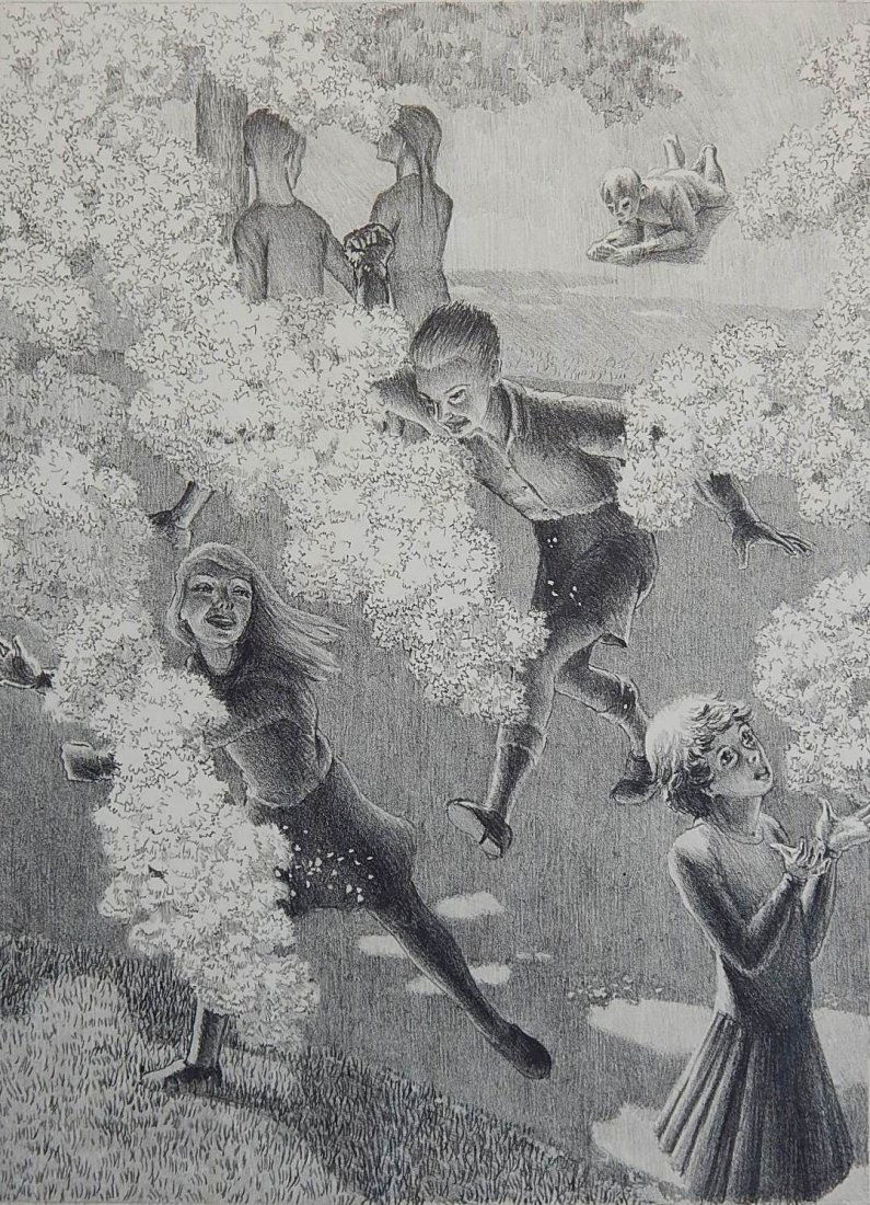 Kyra Markham lithograph: Kyra Markham (American 1891-1967)- ''Cherry Blossom in Brooklyn''- lithograph, 1937, signed, dated and titled in pencil, edition of less than 25, some very minor soiling in margins. 13 1/4 x 9 3/4''