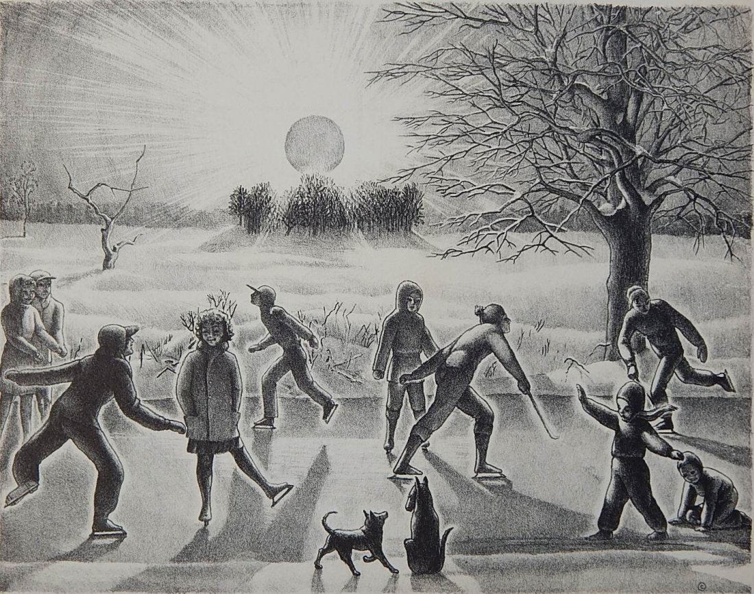 Kyra Markham lithograph: Kyra Markham (American 1891-1967)- ''Skaters on Hope Pond''- lithograph, ca. 1940, signed in pencil, very slightly light struck, otherwise very good condition. 10 x 13''