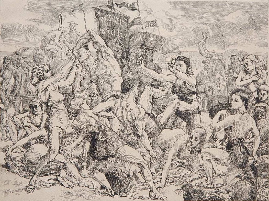 Reginald Marsh etching: Reginald Marsh (American 1898-1954)- ''Coney Island Beach'' (Sasowsky 159)- etching, 1935, edition of about 200, published for American Artists Group, very good condition. 8 3/4 x 12''