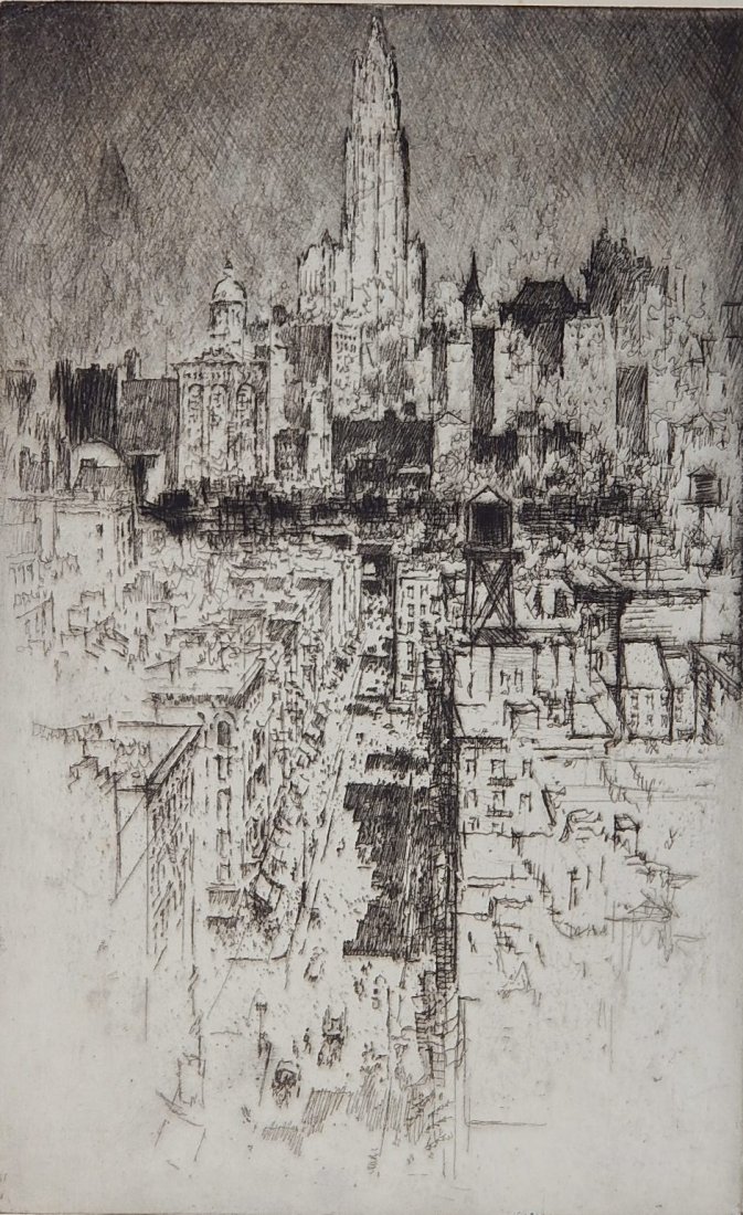 Joseph Pennell etching: Joseph Pennell (American 1857-1926)- ''Up To The Woolworth''- (Wuerth 673)- etching, 1915, signed in pencil, edition of 75. 11 7/8 x 7 3/8''