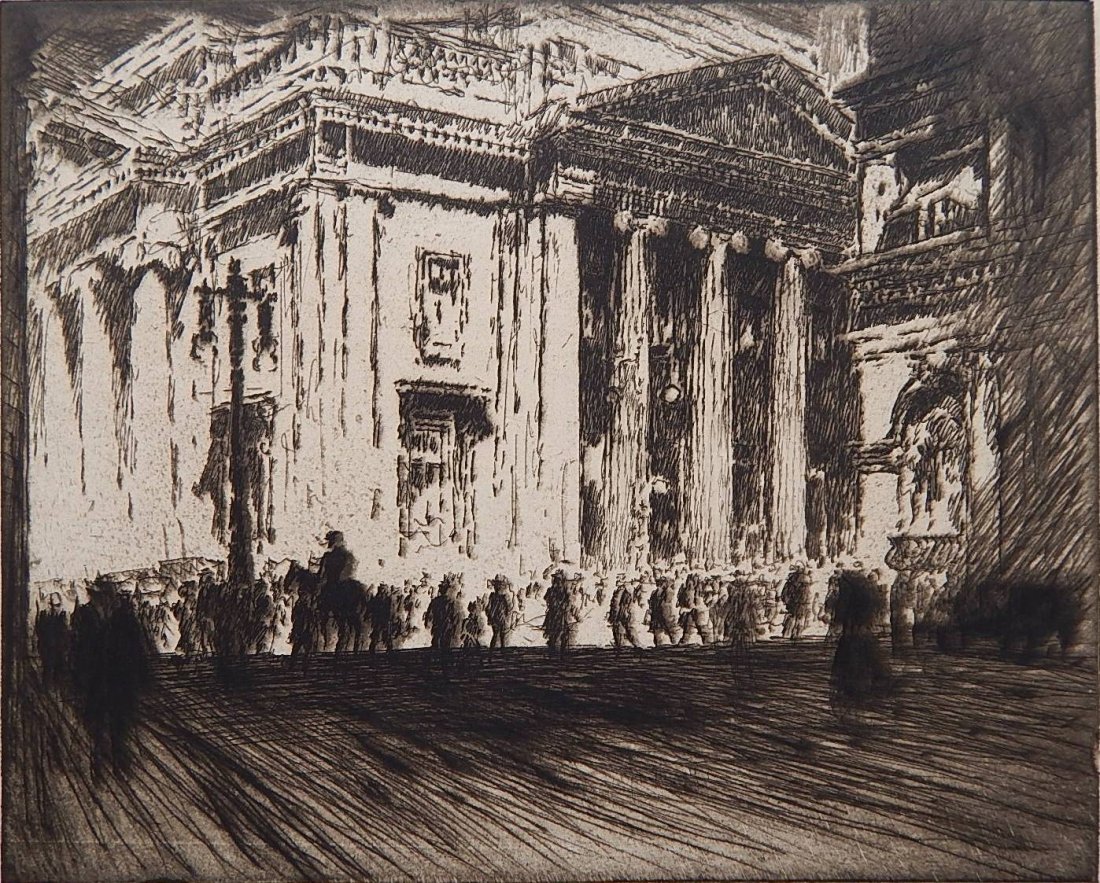 Joseph Pennell etching: Joseph Pennell (American 1857-1926)- ''Girard Trust Building No. II'' (Wuerth 745)- etching, 1920, signed in pencil, edition of about 50. 8 x 9 7/8''