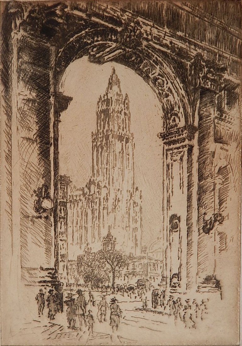 Joseph Pennell etching: Joseph Pennell (American 1857-1926)- ''The Woolworth'' (Wuerth 785)- etching, 1921, signed in pencil, very good condition. 9 7/8 x 6 7/8''