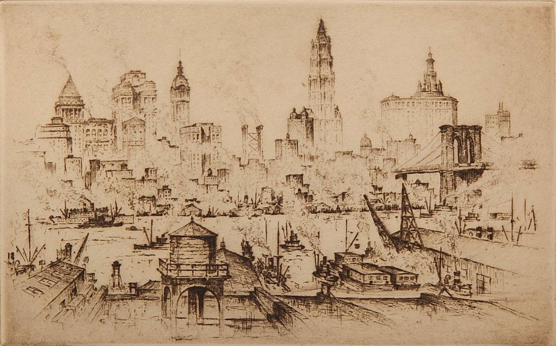 Anton Schutz etching: Anton Schutz (American 1894-1977)- ''NY Scene From Brooklyn Heights''- etching, signed in pencil, very slightly light struck, otherwise good condition. 7 7/16 x 11 7/8''