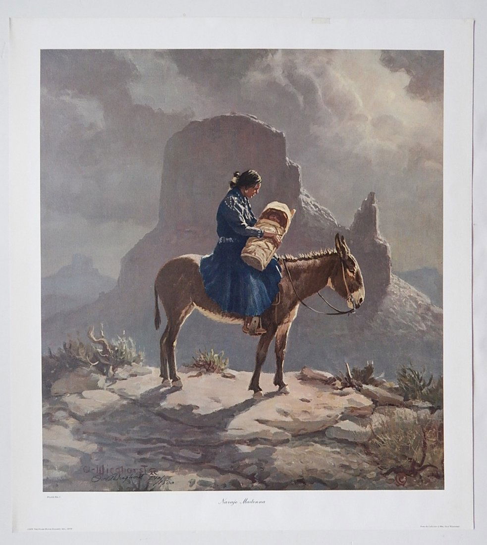 Olaf Wieghorst off-set lithograph: Olaf Wieghorst (American 1899-1988)- ''Navajo Madonna''- off-set lithograph, 1972, signed and numbered 240/1500 in pen in image, published by The Frame House Galleries, in original presentation folio.