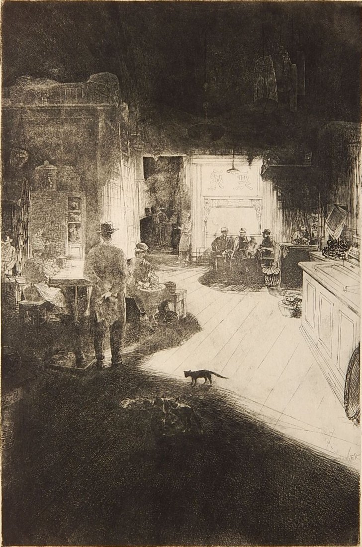 John Winkler etching: John Winkler (American 1890-1979)- ''Chinese Drug Store''- etching, 1938, signed in pencil, titled and annotated 'Pl. F- St.5' in pencil, very good condition. 13 3/8 x 8 15/16''