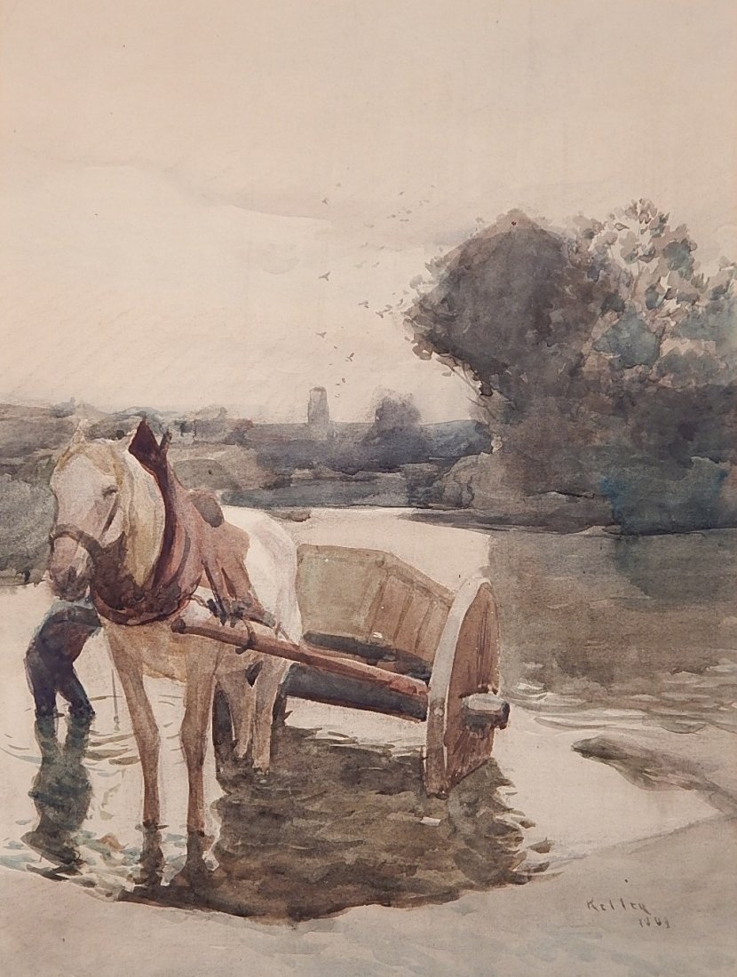 Henry G. Keller watercolor: Henry G. Keller (American 1869-1949)- Cart and Horse- watercolor on paper, 1903, signed H. G. Keller 1903- lower right. 18 1/2 x 14'' Exhibited: Henry G. Keller Exhibition, Baldwin-Wallace College, Be