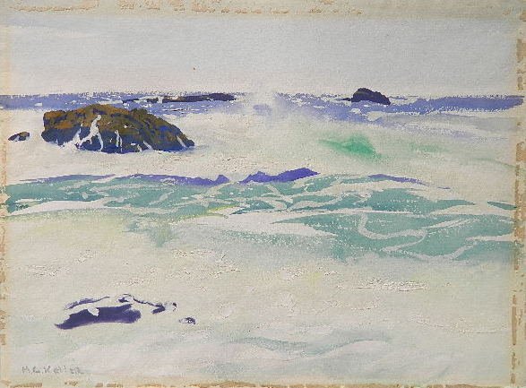 Henry G. Keller watercolor: Henry G. Keller (American 1869-1949)- ''Seascape''- watercolor, signed, extensive adhesive and tape residue along all four recto edges into image, otherwise in good condition. 11 x 14 3/4''