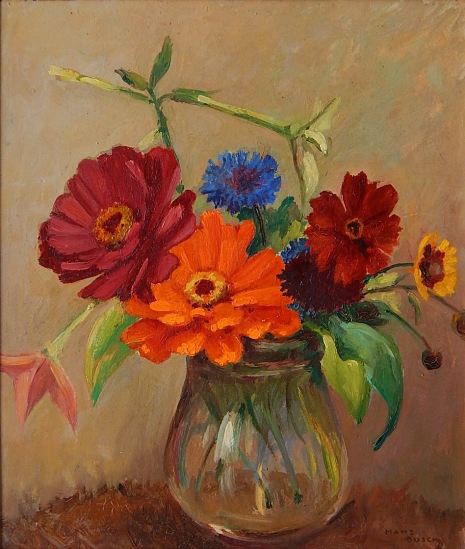Hans Busch oil: Hans Busch (American 1880-1954)- Untitled (Floral Still-Life)- oil on board, signed Hans Busch lower right, good condition. 13 1/2 x 11 1/2''
