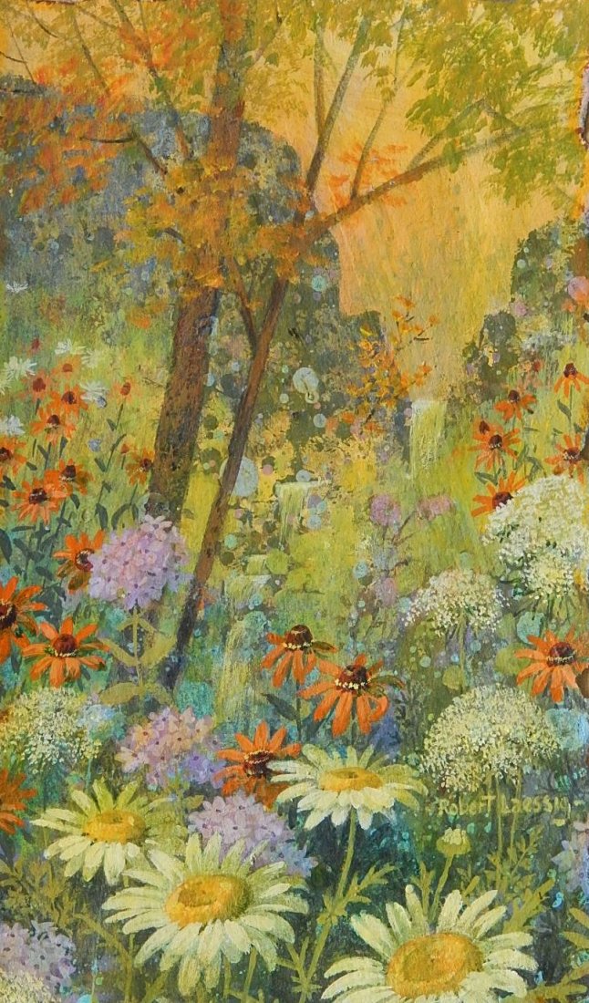 Robert Laessig mixed media: Robert Laessig (American 1913-2010)- ''Flower Filled Forest''- mixed media on paper, signed Robert Laessig lower right, good condition. 9 x 5 1/4''