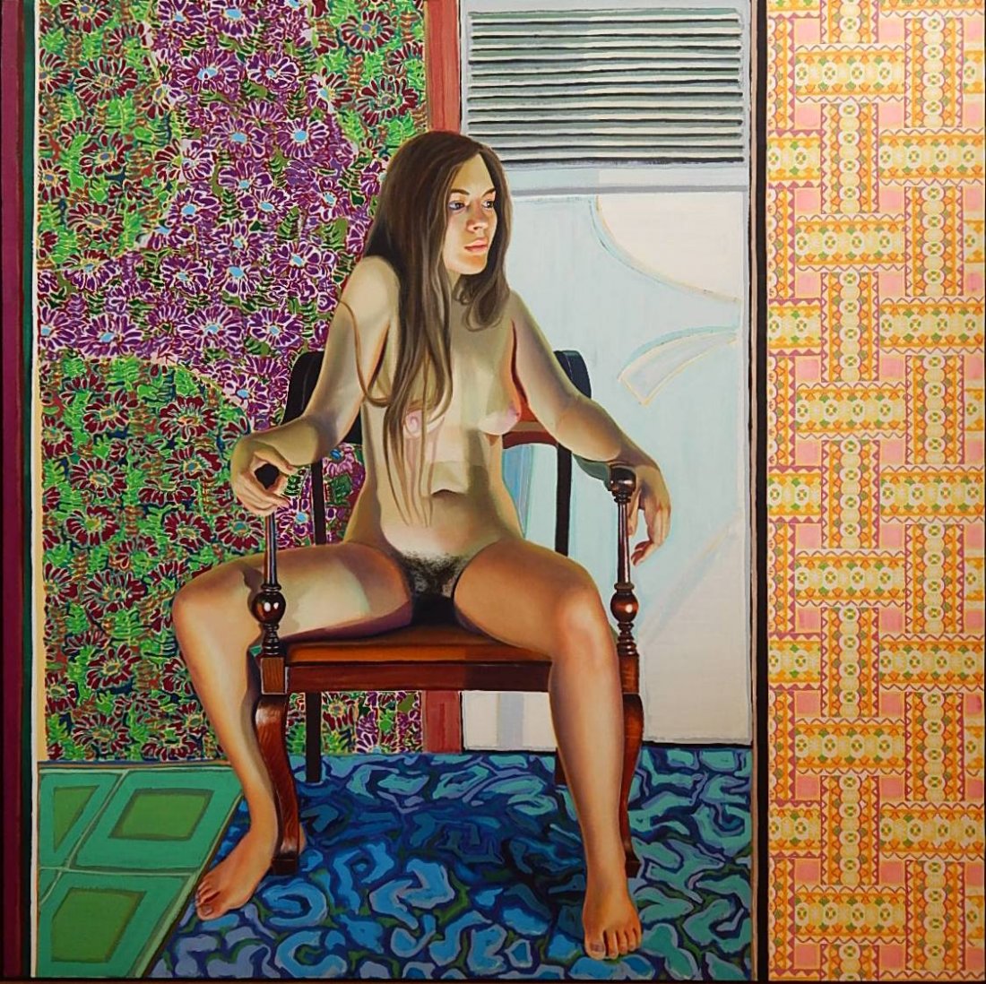 Richard Hickam oil: Richard Hickam (American 1944- )- Seated Girl- oil on canvas, identified on stretcher verso. 60 x 60''