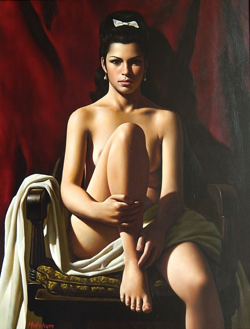 Gerald Mofchum oil: Gerald Mofchum (American 20th/21st c.)- Seated Nude- oil on canvas, signed Mofchum lower left, very good condition. 23 x 30''