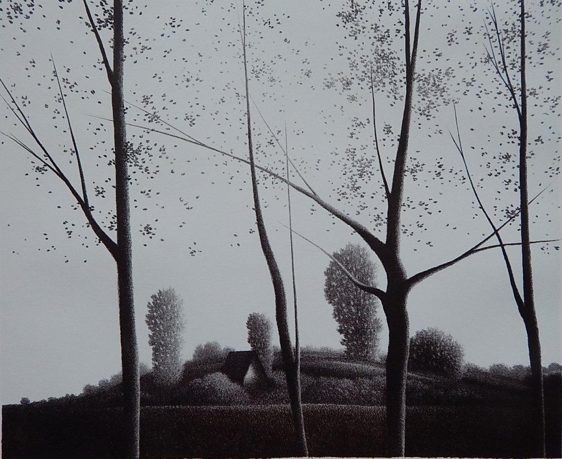Robert Kipniss lithograph: Robert Kipniss (American 1931- )- ''Trees and Beyond'' (Lund 108)- lithograph in colors, 1976, signed and numbered 108/150 in pencil, very good condition. 14 x 17''
