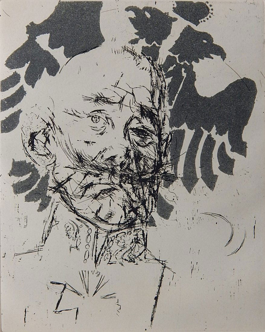 Jack Levine etching: Jack Levine (American 1915-2010)- ''Prussian General'' (Prescott & Prescott 38B)- etching, 1966, signed and annotated 'artist proof' in pencil, slightly light struck otherwise good condition. 9 3/4 x