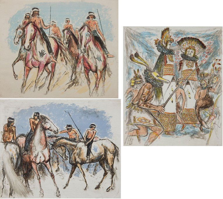 Ira Moskowitz- 3 etchings: Ira Moskowitz (American 1912-2001)- Indian Scenes- 3 etchings with silkscreen in colors, all signed in pencil, very good conition. 17 1/2 x 14 1/4'' ea.