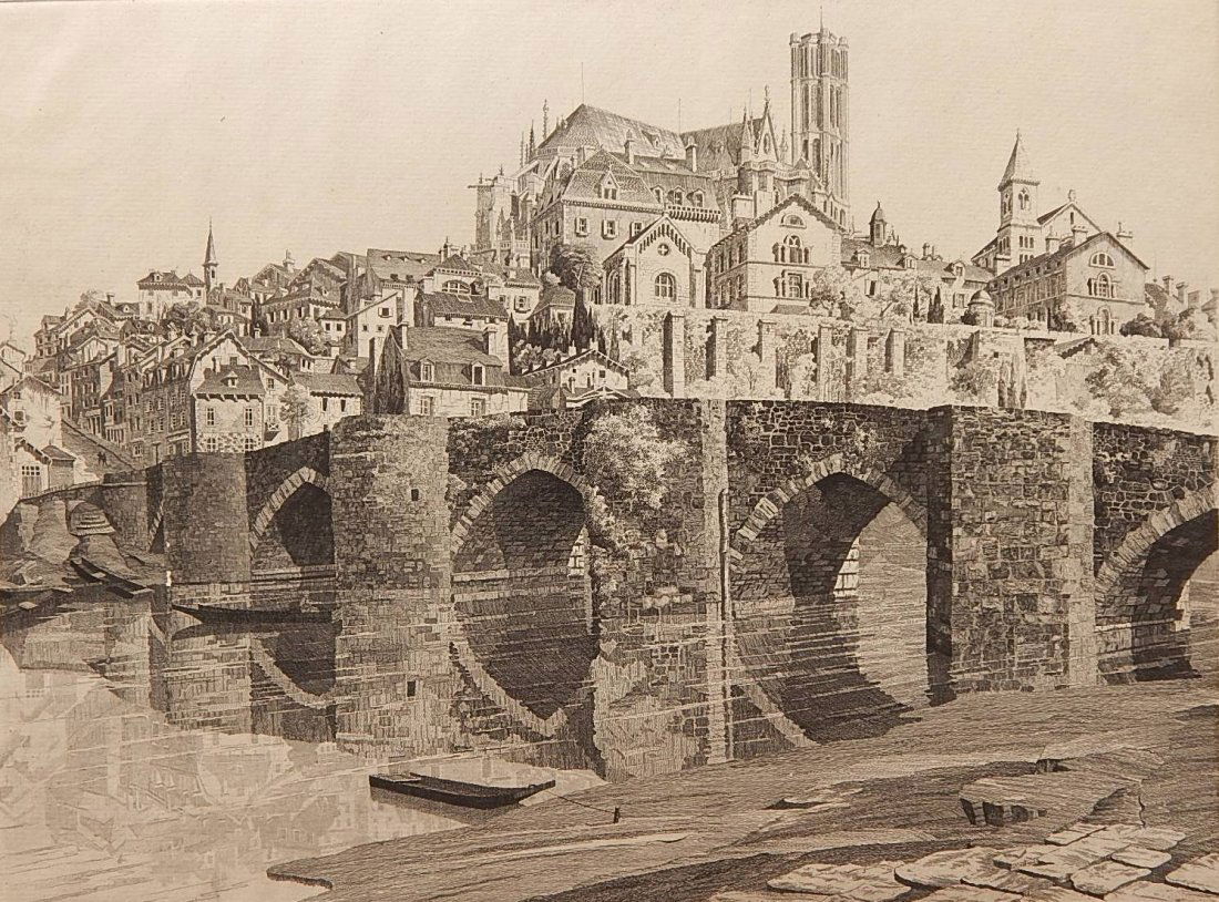 John Taylor Arms etching: John Taylor Arms (American 1887-1953)- ''Limoges'' (Fletcher 244)- etching, 1932, signed, dated and inscribed 'ed. of 100' in pencil, Illustrated: Fine Prints of The Year 1933, slight mat burn, otherw