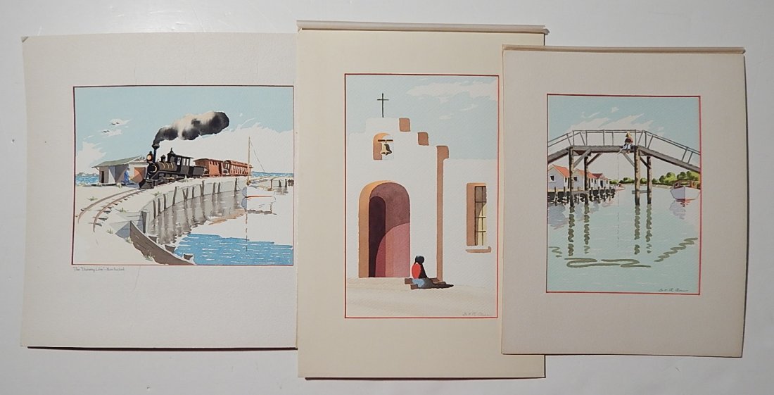 Doris and Richard Beer 3 watercolor, pen and ink: Doris and Richard Beer (American 1898-1967)- ''The Dummy Line - Nantucket''; ''Mission School - San Xavier del Bac''; ''A Fishing Camp on The Key''- 3 watercolor and pen and ink on paper, all signed D