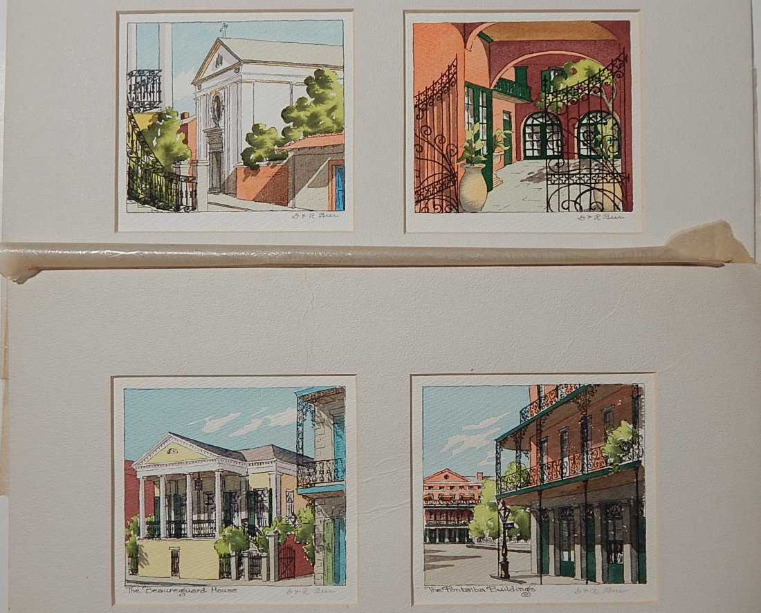 Doris and Richard Beer 4 watercolor, pen and ink: Doris and Richard Beer (American 1898-1967)- ''Beauregard House''; ''Pontalba Buildings''; ''St. Mary's Italian Church'' and ''The Spanish Court''- 4 watercolor and pen and ink, all signed D & R Beer 