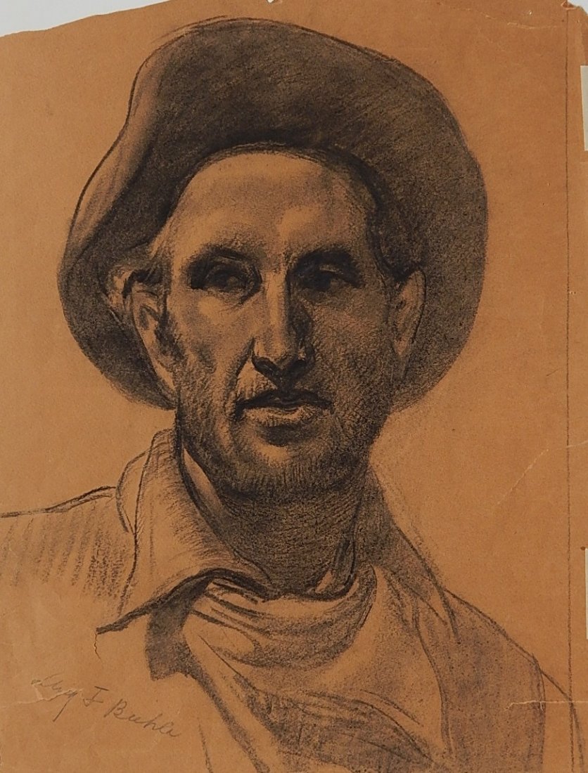 August F. Biehle conte crayon: August F. Biehle (American 1885-1979)- Man with Hat- conte crayon on paper, signed in pencil, 'Aug. F. Biehle' lower left, rough sheet edges and several tears handling creases, taped to bottom mat wit