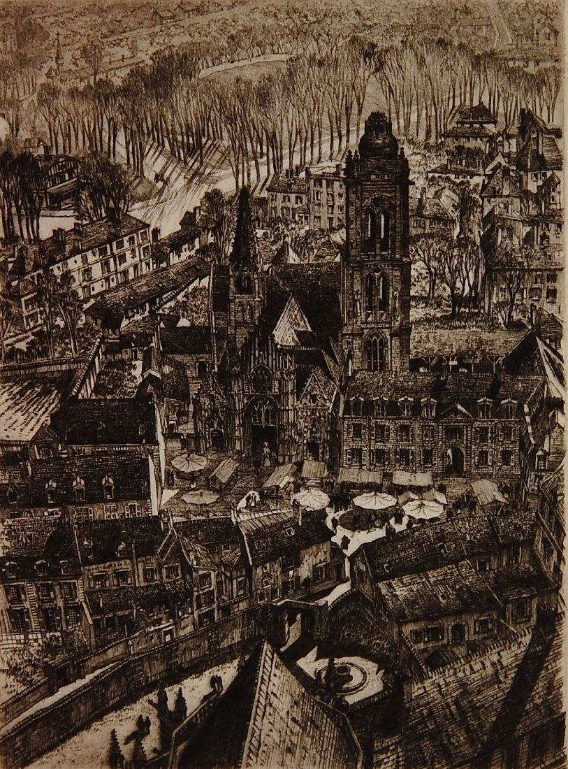 Samuel Chamberlain drypoint: Samuel Chamberlain (American 1895-1975)- ''Early Morning Market, Senlis'' (Kingland 223)- drypoint, 1939, signed in pencil, edition of 300, very good condition. 9 x 6 1/2''