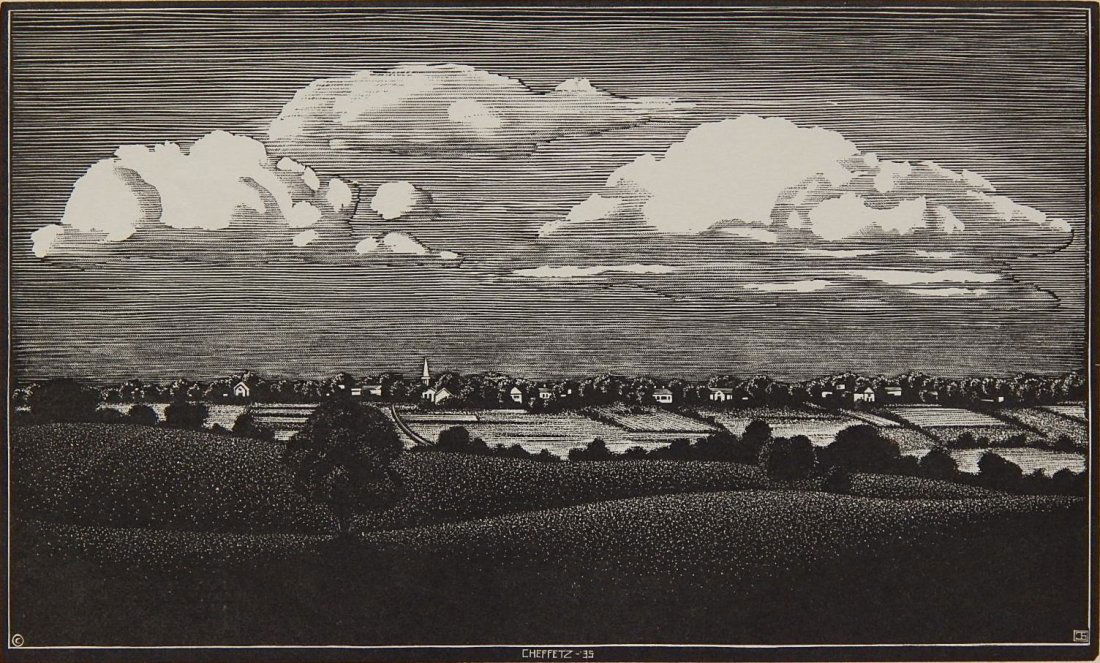 Asa Cheffetz wood engraving: Asa Cheffetz (American 1896-1965)- ''Clouds Over The Valley'' (Springfield 51)- wood engraving, AAG edition of about 200, very good condition. 4 5/8 x 7 1/2''