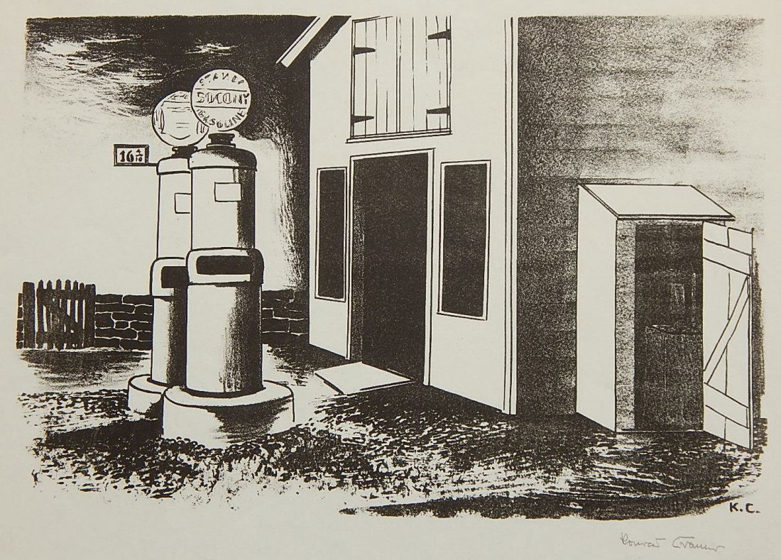 Konrad Cramer lithograph: Konrad Cramer (American 1888-1963)- Gas Station- lithograph, 1930, signed and numbered 20/20 in pencil, tearing to edges, handling creases and foxing in margins. 9 3/4 x 14 3/4''