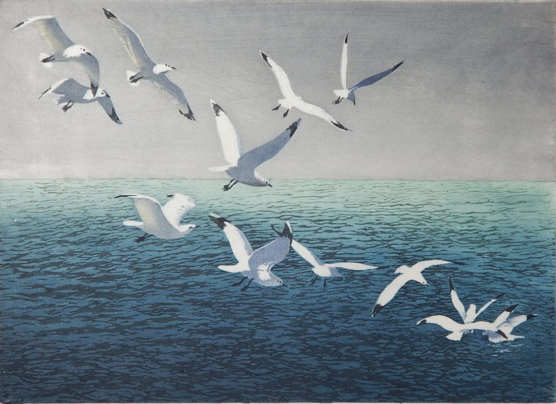Hans Frank woodcut: Hans Frank (American 1884-1948)- ''Seagulls''- woodcut in colors, ca. 1930, signed in pencil. 9 7/8 x 13 1/2''