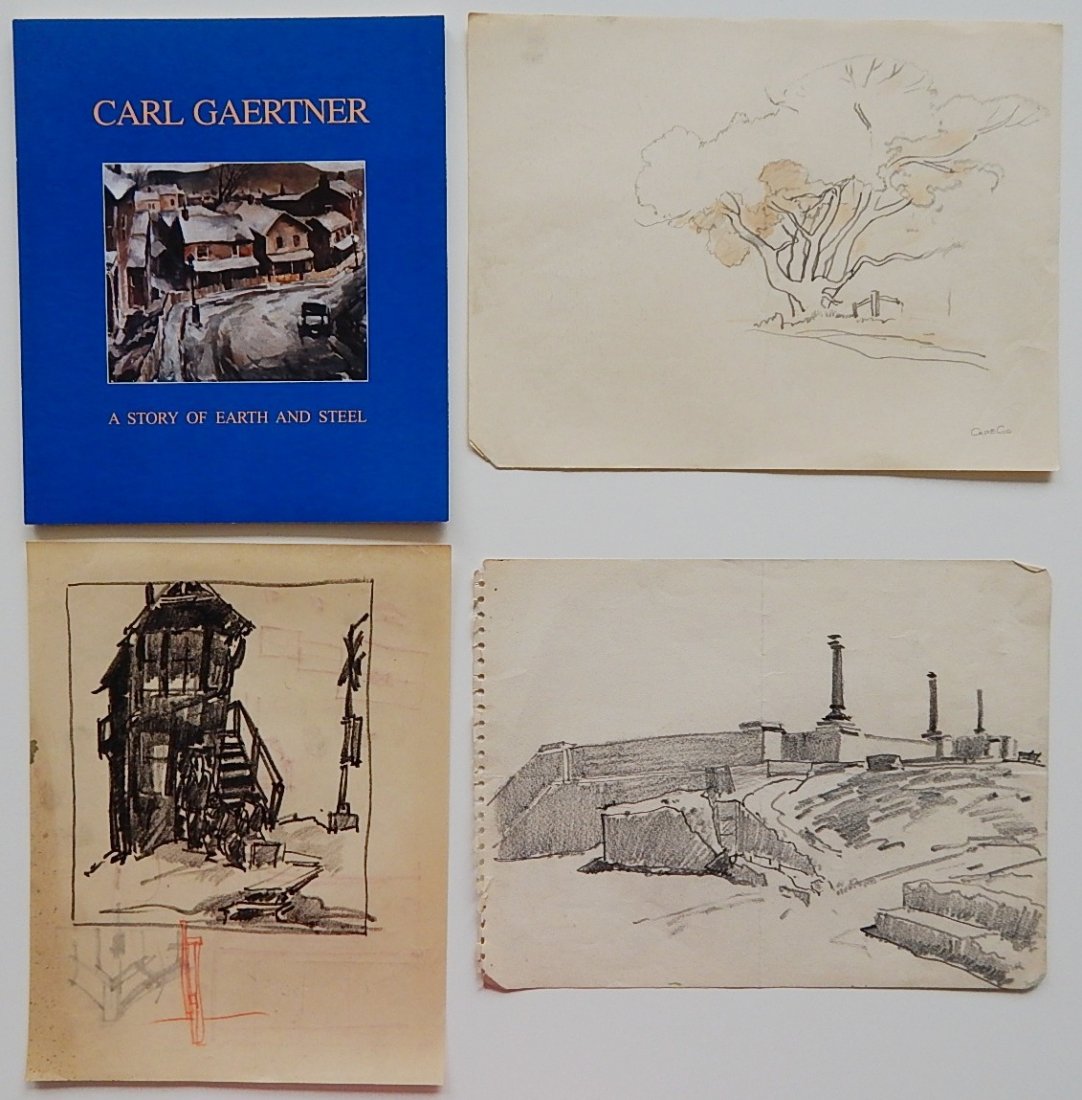 Carl Gaertner 3 graphite on paper: Carl Gaertner (American 1898-1952)- Sketches- 3 graphite on paper, 1 dated 1951; together with an exhibition catalog. all approx. 9 x 11''ea.