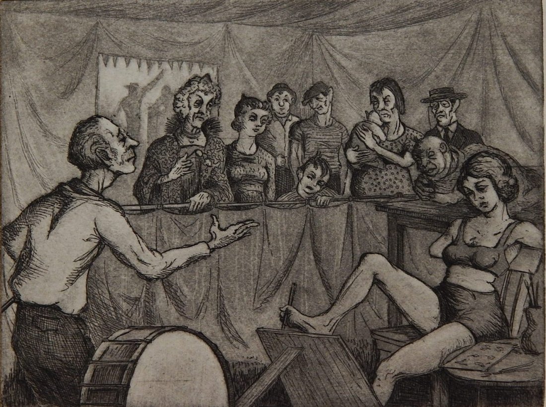 Don Glassell aquatint: Don Glassell (American 1895-1965)- ''Freaks''- aquatint, 1937, signed and titled in pencil, edition of about 25 for the Iowa WPA. 6 3/4 x 8 7/8''