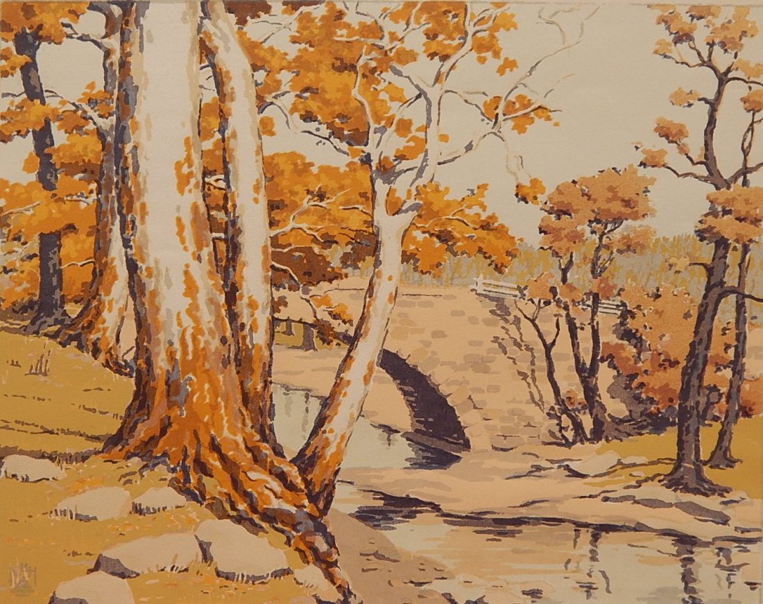 Norma Bassett Hall silkscreen: Norma Bassett Hall (American 1890-1957)- ''Game Creek Bridge''- silkscreen in colors, ca. 1940, signed and titled in pencil. 11 x 14''